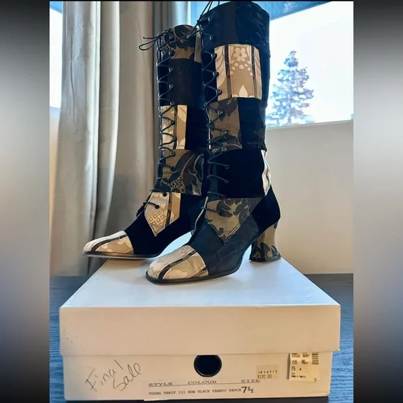 🖤RARE GOTH DREAMS Vintage 80s90s Knee High Velvet Tapestry Patchwork Boots🖤 - Picture 4 of 16